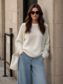 Balvessa Loose Round-Neck Lantern Sleeveharmony Drop Shoulderknitted Sweater - Cream - View 4