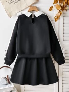 SHEIN 两件套少女学院风翻领卫衣，英文印花，搭配时尚百褶裙，袖口饰有撞色缎带和蝴蝶结，舒适针织面料，充满青春活力，适合上学或休闲外出穿着。 - 黑色 - 查看 2