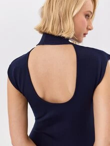 KÆRIA Hus Halter Neck Open Back Hug Knitted Maxi Dress - Second Skin Lyocell Knit - Navy - Party, Date Night, Valentine, Club, Holiday - Navy Blue - View 6