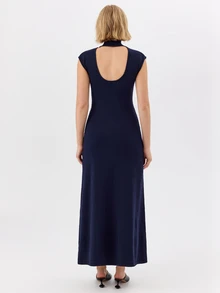 KÆRIA Hus Halter Neck Open Back Hug Knitted Maxi Dress - Second Skin Lyocell Knit - Navy - Party, Date Night, Valentine, Club, Holiday - Navy Blue - View 2