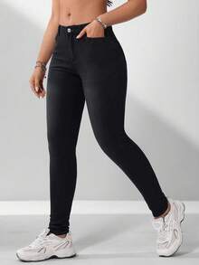 EMERY ROSE Casual Washed Low-Waist Slim Fit Denim Jeans - Black - View 3