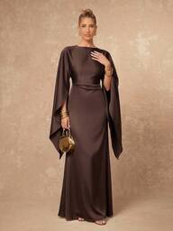 Lumalex Elegant Women's Satin Waist-Cinching Cape Sleeve Dress For Summer Evening Party Daily Outing Urban Commuting Business Gathering Holiday Wear