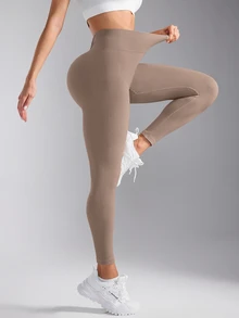 SHEIN Sports Women's Casual Versatile Slim Fit Sports Leggings - Khaki - View 3