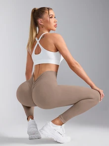 SHEIN Sports Women's Casual Versatile Slim Fit Sports Leggings - Khaki - View 5