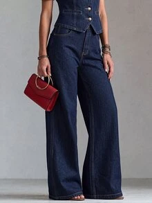 LUMIGAL Celana Jeans Denim Wanita Model Lebar, Longgar, Kasual, Serbaguna dengan Kantong - Dark Wash - View 3