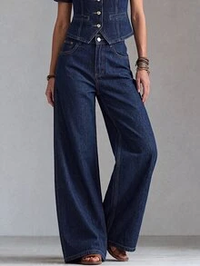 LUMIGAL Celana Jeans Denim Wanita Model Lebar, Longgar, Kasual, Serbaguna dengan Kantong - Dark Wash - View 5