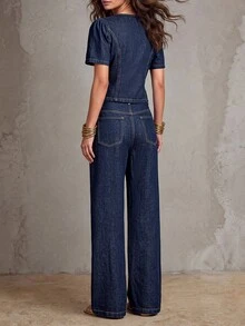 LUMIGAL Celana Jeans Denim Wanita Model Lebar, Longgar, Kasual, Serbaguna dengan Kantong - Dark Wash - View 2