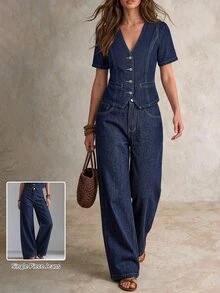 LUMIGAL Celana Jeans Denim Wanita Model Lebar, Longgar, Kasual, Serbaguna dengan Kantong - Dark Wash - View 1