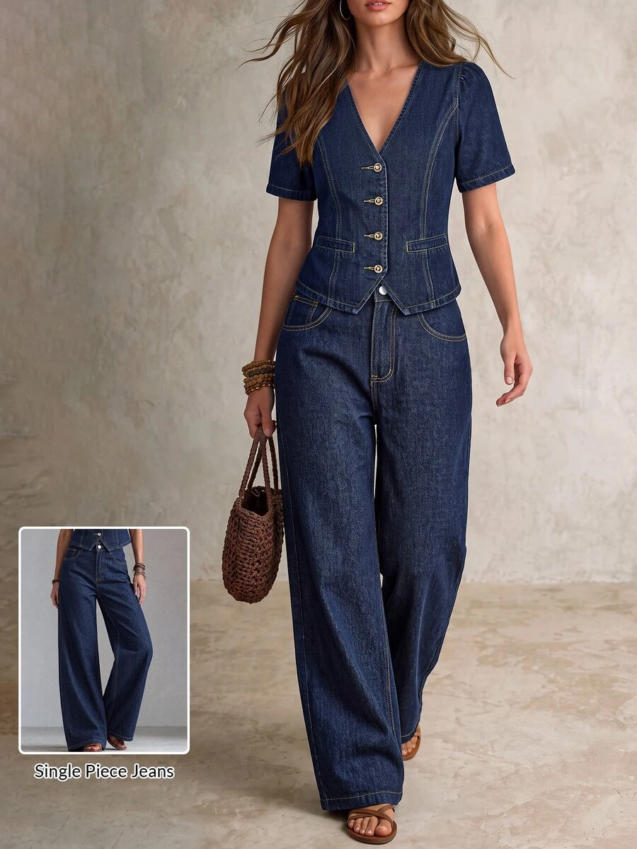 LUMIGAL Celana Jeans Denim Wanita Model Lebar, Longgar, Kasual, Serbaguna dengan Kantong - Dark Wash - View 1