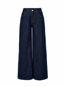 LUMIGAL Celana Jeans Denim Wanita Model Lebar, Longgar, Kasual, Serbaguna dengan Kantong - Dark Wash - View 6