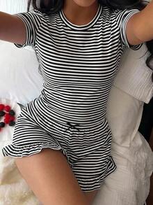 DAZY Striped Print Short Sleeve Top & Ruffle Hem Shorts Lounge Set - Black - View 5