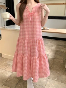 DAZY Plaid Print Notched Neck Ruffle Hem Lounge Dress - Pink - View 6