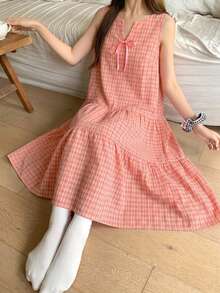 DAZY Plaid Print Notched Neck Ruffle Hem Lounge Dress - Pink - View 4