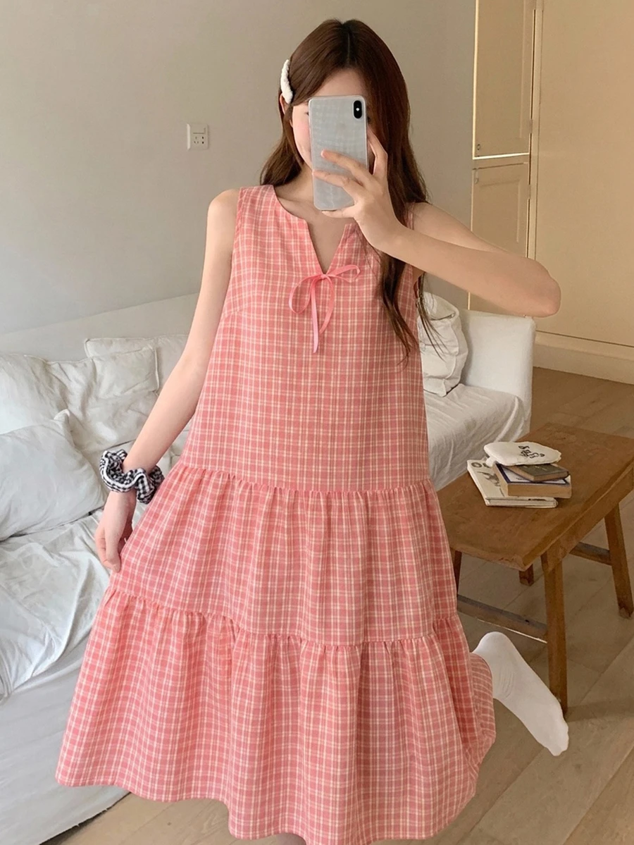 DAZY Plaid Print Notched Neck Ruffle Hem Lounge Dress - Pink - View 1