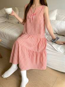 DAZY Plaid Print Notched Neck Ruffle Hem Lounge Dress - Pink - View 3