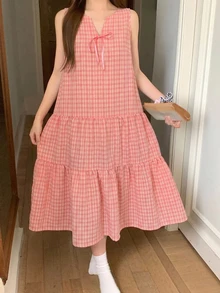 DAZY Plaid Print Notched Neck Ruffle Hem Lounge Dress - Pink - View 5