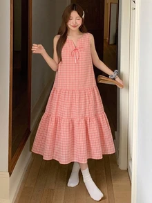 DAZY Plaid Print Notched Neck Ruffle Hem Lounge Dress - Pink - View 7