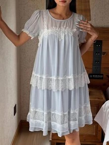 DAZY Contrast Lace Puff Sleeve Night Dress - Blue - View 1