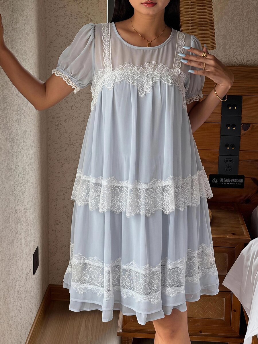 DAZY Contrast Lace Puff Sleeve Night Dress - Blue - View 1