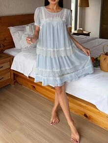DAZY Contrast Lace Puff Sleeve Night Dress - Blue - View 4