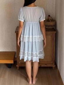 DAZY Contrast Lace Puff Sleeve Night Dress - Blue - View 2