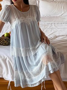 DAZY Contrast Lace Puff Sleeve Night Dress - Blue - View 3