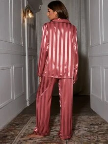 HautHeat Contrast Piping Satin Pajama Set, Fall Winter Clothes - Dusty Pink - View 2