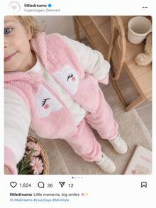 SHEIN Playful Pals 3pcs Toddler Girl Hooded Vest Sweatshirt Pants Cute Sweet Pink White 3D Ears Cloud Embroidery Fuzzy Long Sleeve Hooded Thick Christmas Winter Sweaters - Multicolor - View 7