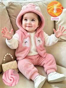 SHEIN Playful Pals 3pcs Toddler Girl Hooded Vest Sweatshirt Pants Cute Sweet Pink White 3D Ears Cloud Embroidery Fuzzy Long Sleeve Hooded Thick Christmas Winter Sweaters - Multicolor - View 6