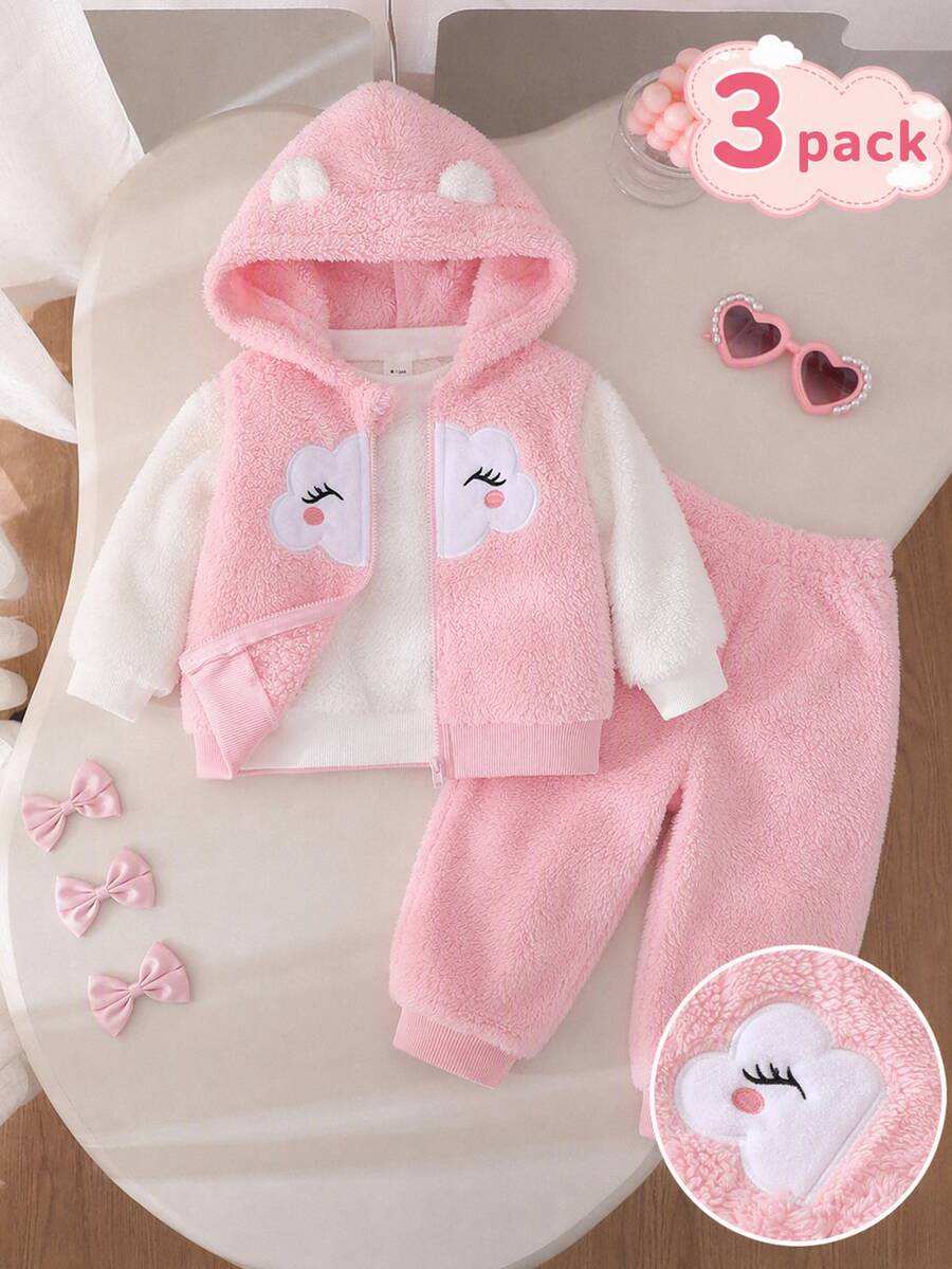 SHEIN Playful Pals 3pcs Toddler Girl Hooded Vest Sweatshirt Pants Cute Sweet Pink White 3D Ears Cloud Embroidery Fuzzy Long Sleeve Hooded Thick Christmas Winter Sweaters