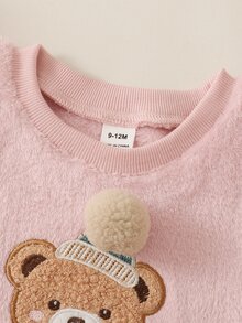 SHEIN 2件組女嬰可愛粉色小熊刺繡毛球條紋長袖圓領加厚公主絨毛衛衣打底褲套裝，適合聖誕派對、秋冬穿著 - 粉色 - 查看 6