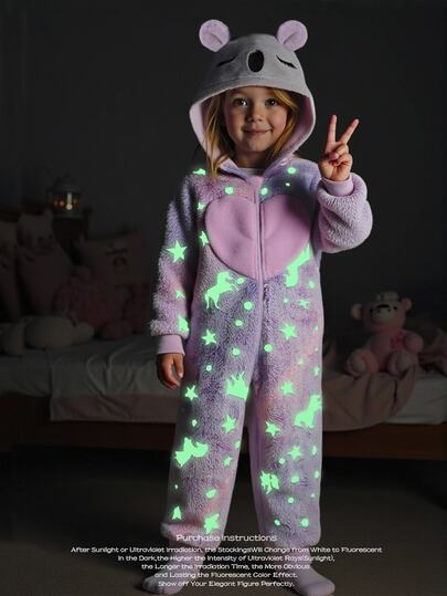 Young Girl' Cute Purple Glow-In-The-Dark Koala Embroidered Hoodie Long Sleeve Fleece Lined Jumpsuit Loungewear Fairy Night Fall Autumn/Winter Pajamas