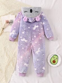 Young Girl' 可愛紫色螢光考拉刺繡連帽長袖抓絨內裡連身居家服 仙女之夜 秋冬睡衣 - 紫色 - 查看 3