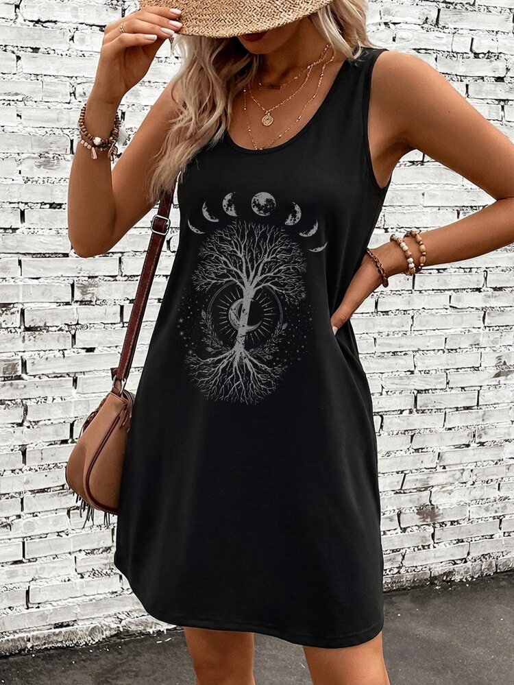 SHEIN LUNE Women Casual Minimalist Moon & Tree Print Sleeveless Dress, Suitable For Summer Carnival - Black - View 6