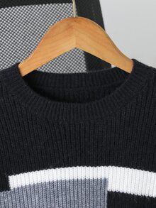 SHEIN 秋季衣物冬季青少年男孩黑色圓領長袖拼色針織衫套頭衫，返校季，舒適柔軟，節慶穿搭聖誕節 - 黑色 - 查看 5