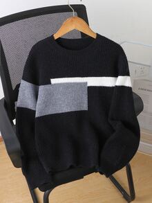 SHEIN 秋季衣物冬季青少年男孩黑色圓領長袖拼色針織衫套頭衫，返校季，舒適柔軟，節慶穿搭聖誕節 - 黑色 - 查看 1