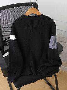 SHEIN 秋季衣物冬季青少年男孩黑色圓領長袖拼色針織衫套頭衫，返校季，舒適柔軟，節慶穿搭聖誕節 - 黑色 - 查看 2
