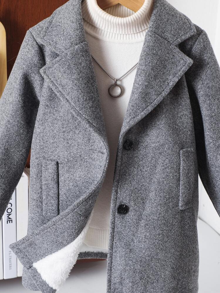 SHEIN 男童纯色翻领长袖保暖内衬休闲羊毛冬季夹克 - 灰色 - 查看 5