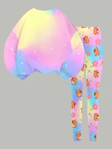 Tween Girls Casual Simple Cute Capybara Pattern, Colorful Tie-Dye, Crew Neck Drop Shoulder Sweatshirt And Skinny Leggings 2pcs Set, Cozy Fall & Winter Styles, Fall New Style, Cute - Multicolor - View 5