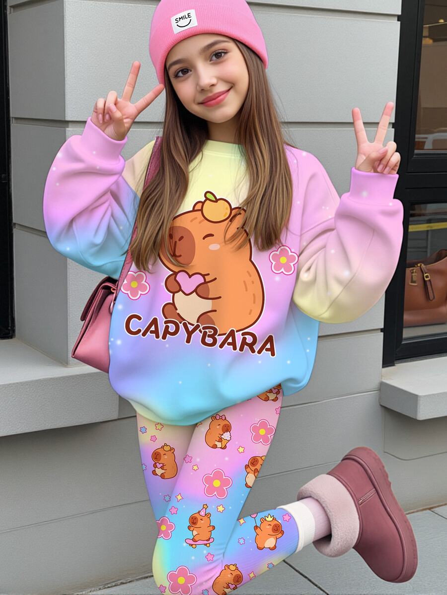 Tween Girls Casual Simple Cute Capybara Pattern, Colorful Tie-Dye, Crew Neck Drop Shoulder Sweatshirt And Skinny Leggings 2pcs Set, Cozy Fall & Winter Styles, Fall New Style, Cute - Multicolor - View 1