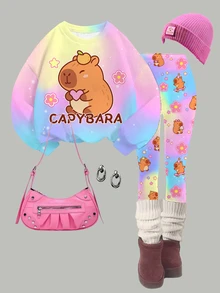 Tween Girls Casual Simple Cute Capybara Pattern, Colorful Tie-Dye, Crew Neck Drop Shoulder Sweatshirt And Skinny Leggings 2pcs Set, Cozy Fall & Winter Styles, Fall New Style, Cute - Multicolor - View 4