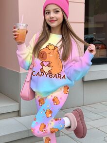 Tween Girls Casual Simple Cute Capybara Pattern, Colorful Tie-Dye, Crew Neck Drop Shoulder Sweatshirt And Skinny Leggings 2pcs Set, Cozy Fall & Winter Styles, Fall New Style, Cute - Multicolor - View 2