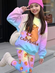 Tween Girls Casual Simple Cute Capybara Pattern, Colorful Tie-Dye, Crew Neck Drop Shoulder Sweatshirt And Skinny Leggings 2pcs Set, Cozy Fall & Winter Styles, Fall New Style, Cute - Multicolor - View 3