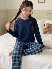 SHEIN Tween Girl Solid Color Tween Girl Long Sleeve Top And Plaid Pants Casual Daily Home Sleepwear Set - Navy Blue - View 4