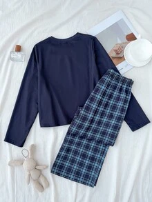 SHEIN Tween Girl Solid Color Tween Girl Long Sleeve Top And Plaid Pants Casual Daily Home Sleepwear Set - Navy Blue - View 2