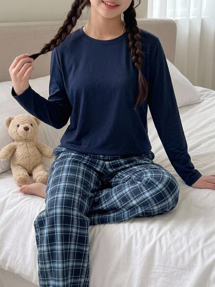 SHEIN Tween Girl Solid Color Tween Girl Long Sleeve Top And Plaid Pants Casual Daily Home Sleepwear Set - Navy Blue - View 1