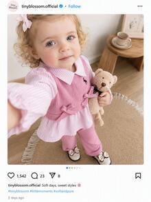 SHEIN 2件組 2025新生兒嬰兒套裝，小領袖袖口拼色 2合1後開襟上衣，休閒寬鬆針織長褲，極簡時尚可愛新生兒套裝 - 粉色 - 查看 11