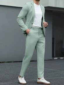 Manfinity Mode Men's Solid Lapel Collar Casual Suit Set, Spring/Summer, Formal Formal, Ceremony - Green - View 4
