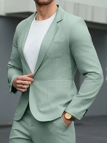 Manfinity Mode Men's Solid Lapel Collar Casual Suit Set, Spring/Summer, Formal Formal, Ceremony - Green - View 6