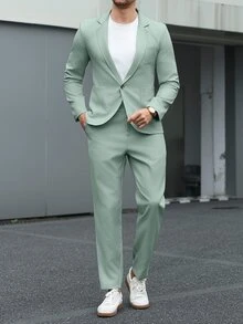 Manfinity Mode Men's Solid Lapel Collar Casual Suit Set, Spring/Summer, Formal Formal, Ceremony - Green - View 5